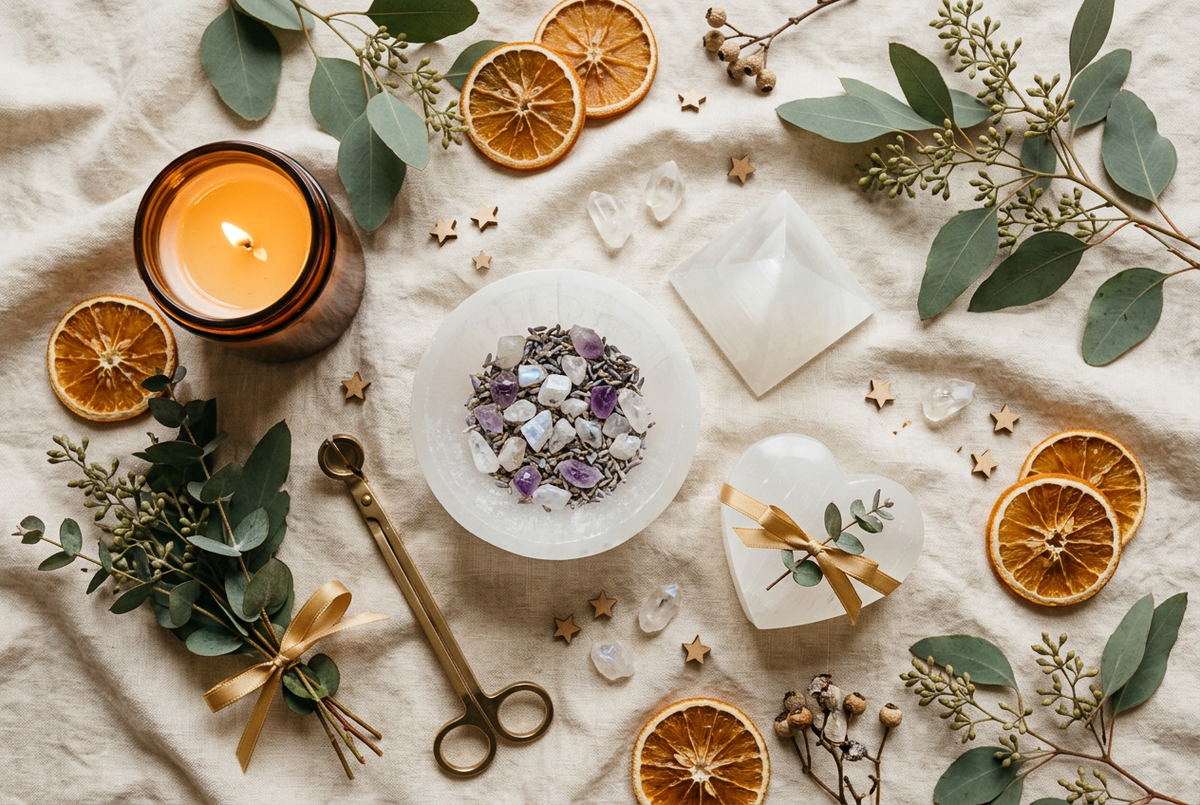 Flat lay de cadeaux bien-être pour Noël — bol carré en sélenite, pyramide et boîte cœur artisanales du Maroc, entourés de branches de pin, cannelle et étoiles dorées, lumière bougie chaude.