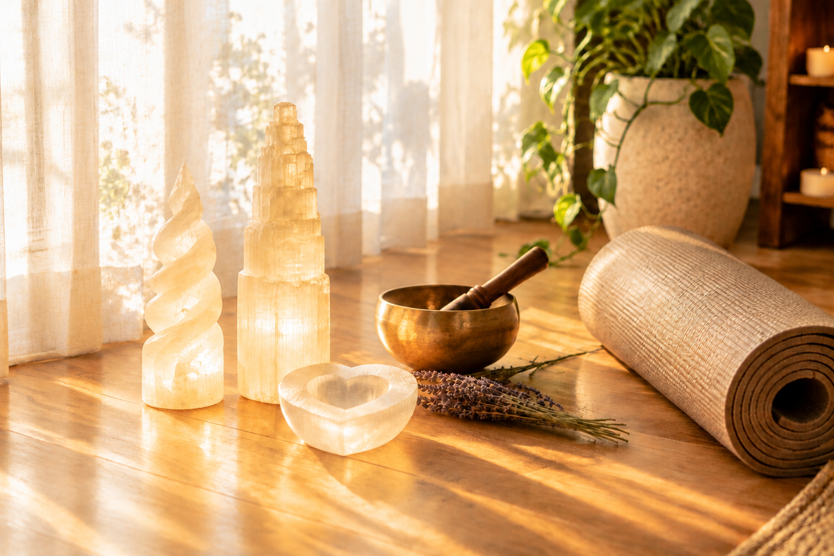 Lampe spirale et tour en sélénite naturelle pour la méditation – bol tibétain, lavande et tapis de yoga