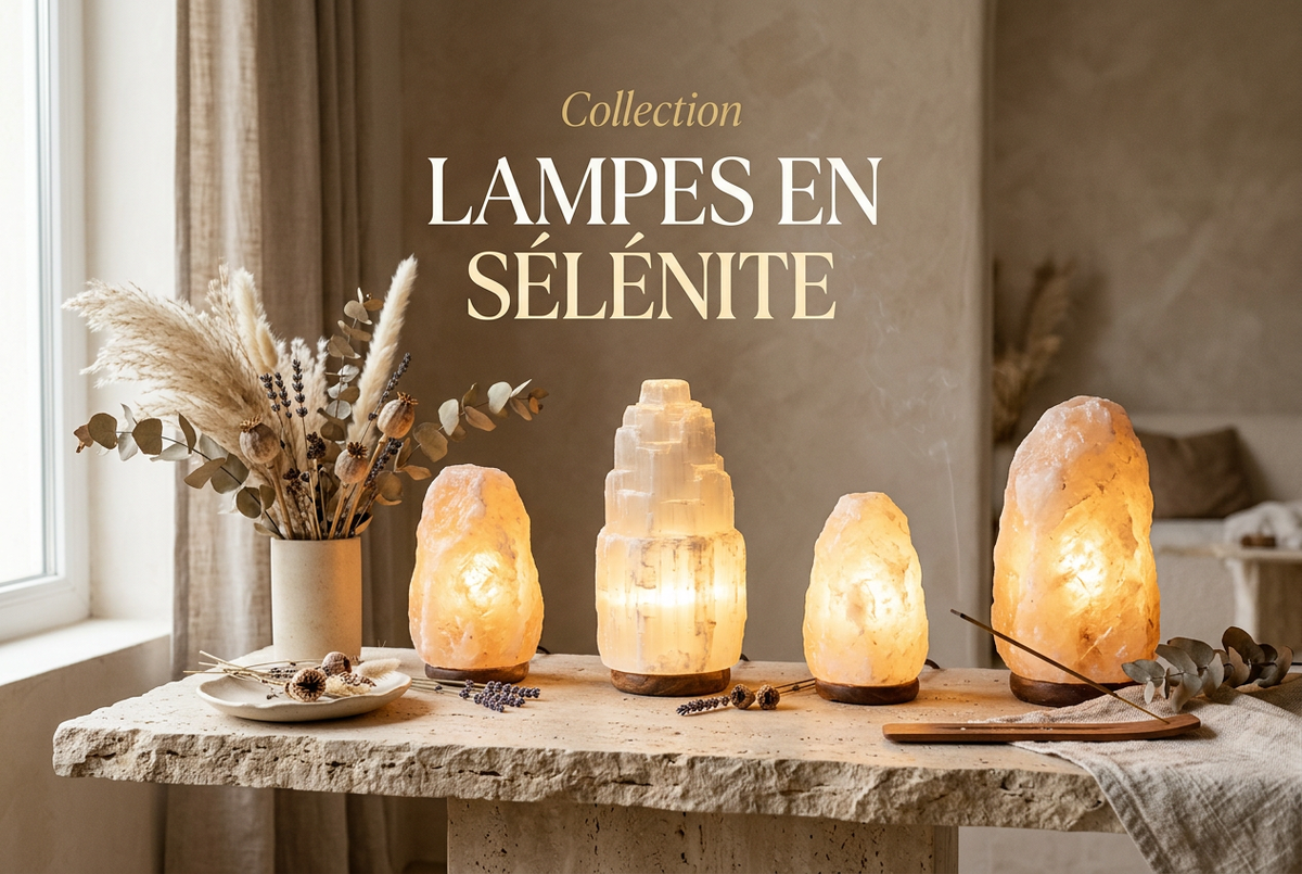 Lampe en sélénite artisanale marocaine posée dans un intérieur zen et moderne