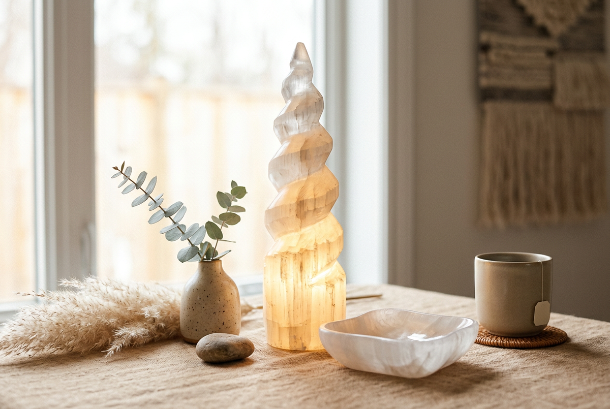 Collection de décoration en sélénite artisanale marocaine — lampe spirale illuminée et bol carré en sélénite naturelle dans un décor zen tendance 2026, lumière dorée | Pure Selenite