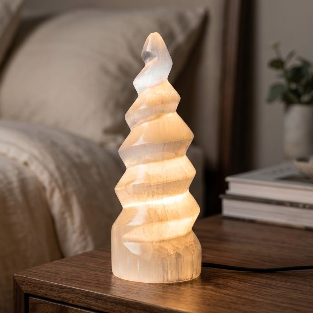 Lampe spirale en sélénite allumée sur table basse — lumière chaude enveloppante, cristal handmade Maroc, décoration boho naturelle | Pure Selenite