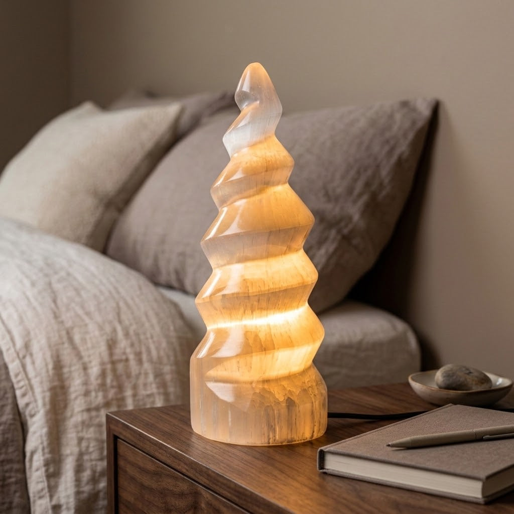 Lampe spirale sélénite posée sur table de nuit — lueur ambrée douce, veilleuse cristal purifiante, artisanat marocain fait main | Pure Selenite