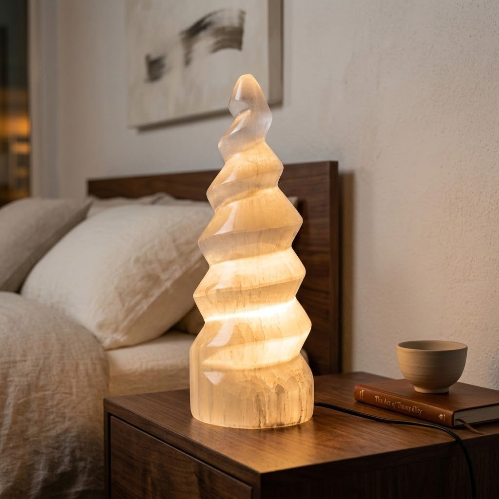 Lampe spirale sélénite illuminée sur table de chevet — veilleuse artisanale marocaine, lumière dorée apaisante, décoration chambre zen | Pure Selenite