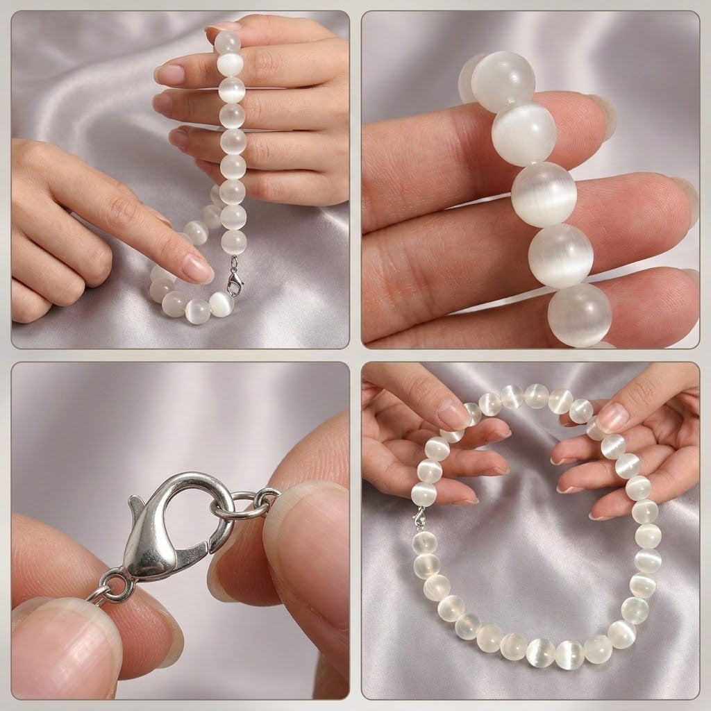Bracelet à perles blanches en sélénite naturelle 