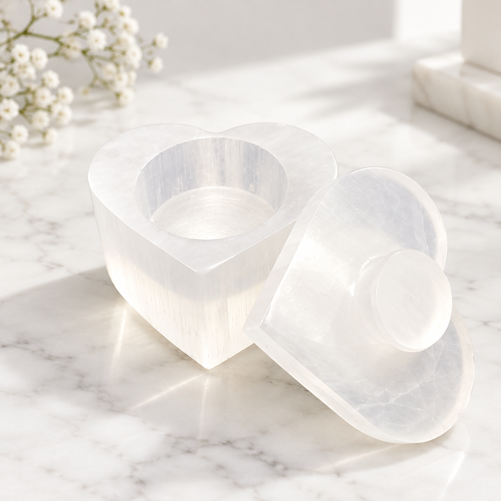 Boîte sélénite cœur ouverte blanc nacré translucide — rangement purificateur bijoux et cristaux, handmade Maroc, pièce unique | Pure Selenite