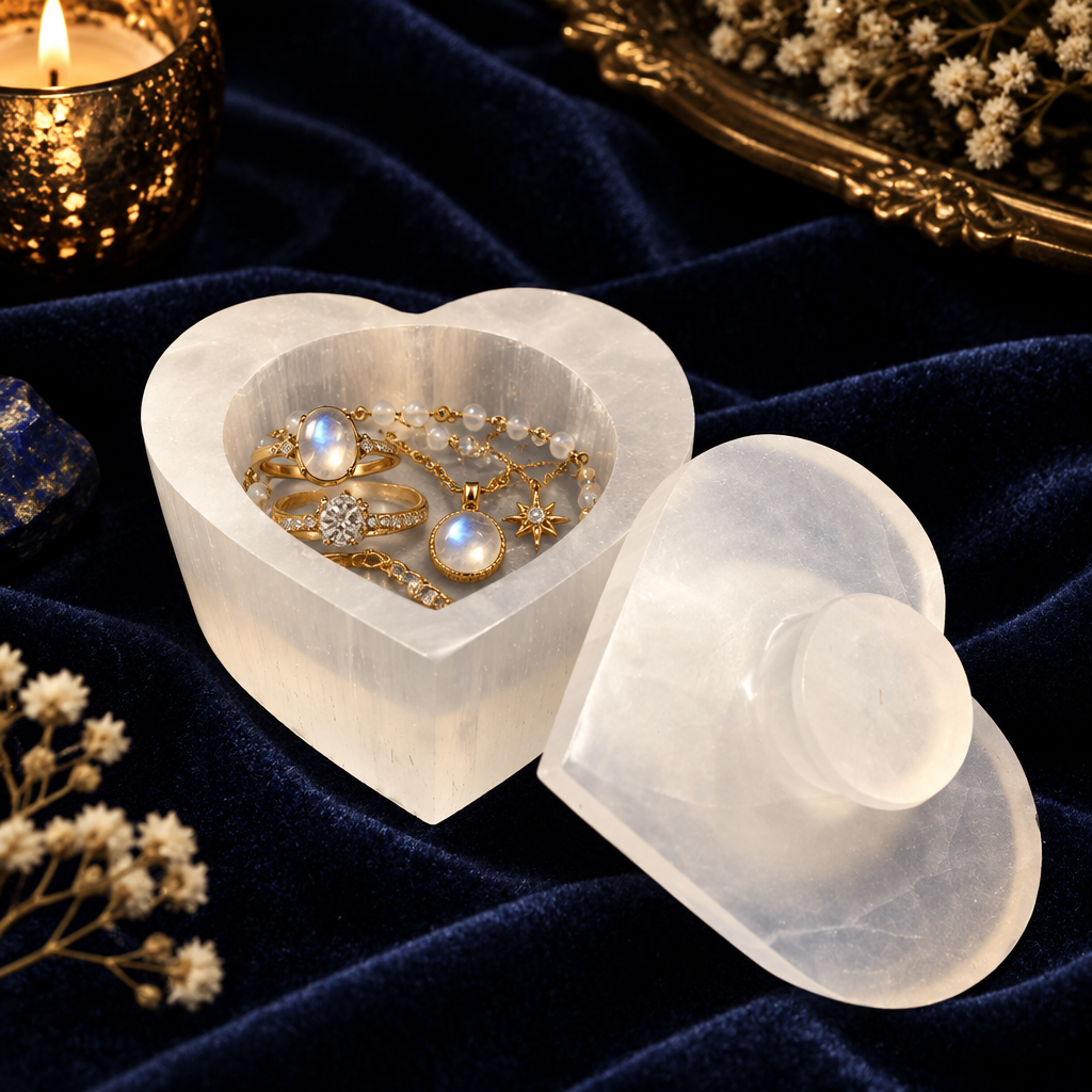 Détail boîte cœur sélénite naturelle — symbole amour inconditionnel, Reiki et lithothérapie, artisanat marocain fait main | Pure Selenite