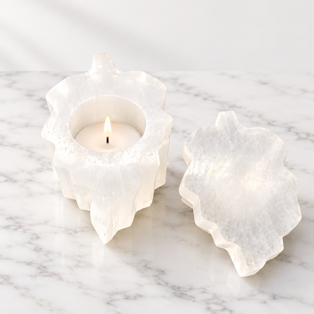 Bougeoir grappe de raisin en sélénite naturelle sculpté à la main au Maroc — symbole d'abondance, artisanat authentique | Pure Selenite