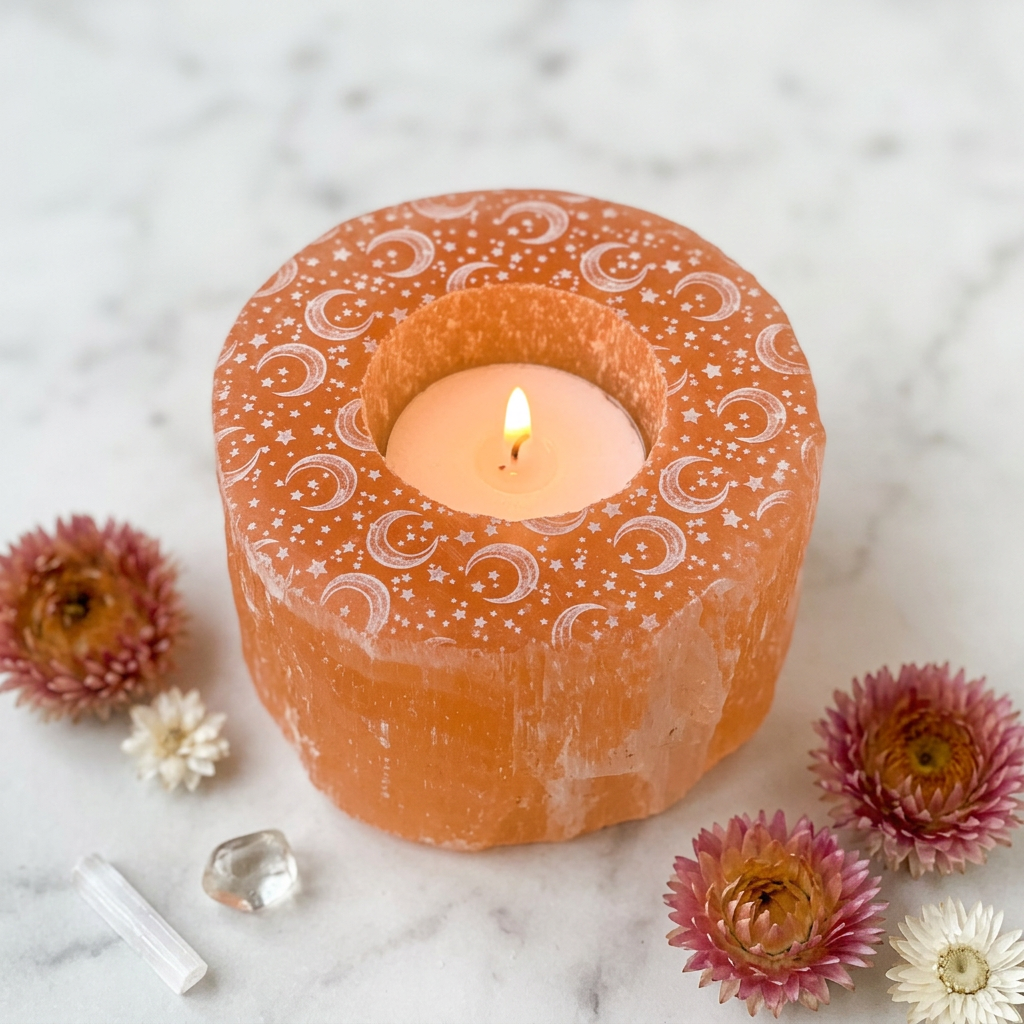 Bougeoir sélénite orange lune et étoiles gravé à la main au Maroc — chakra sacral, rituel lunaire, artisanat authentique | Pure Selenite