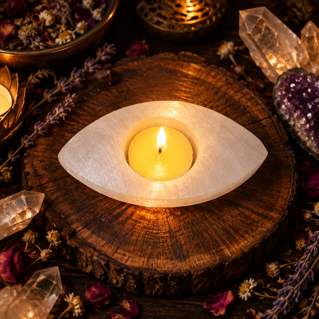 Détail œil sacré sculpté en sélénite blanche translucide — pièce unique artisanale, rituel lunaire, artisanat marocain | Pure Selenite