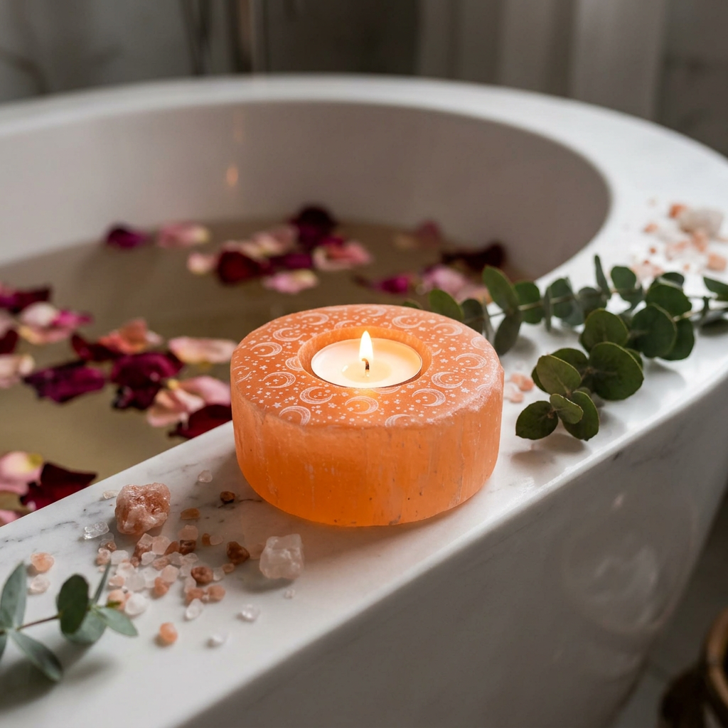 Détail gravure lune et étoiles sur sélénite orange naturelle — pierre rare unique, rituel pleine lune, artisanat marocain fait main | Pure Selenite
