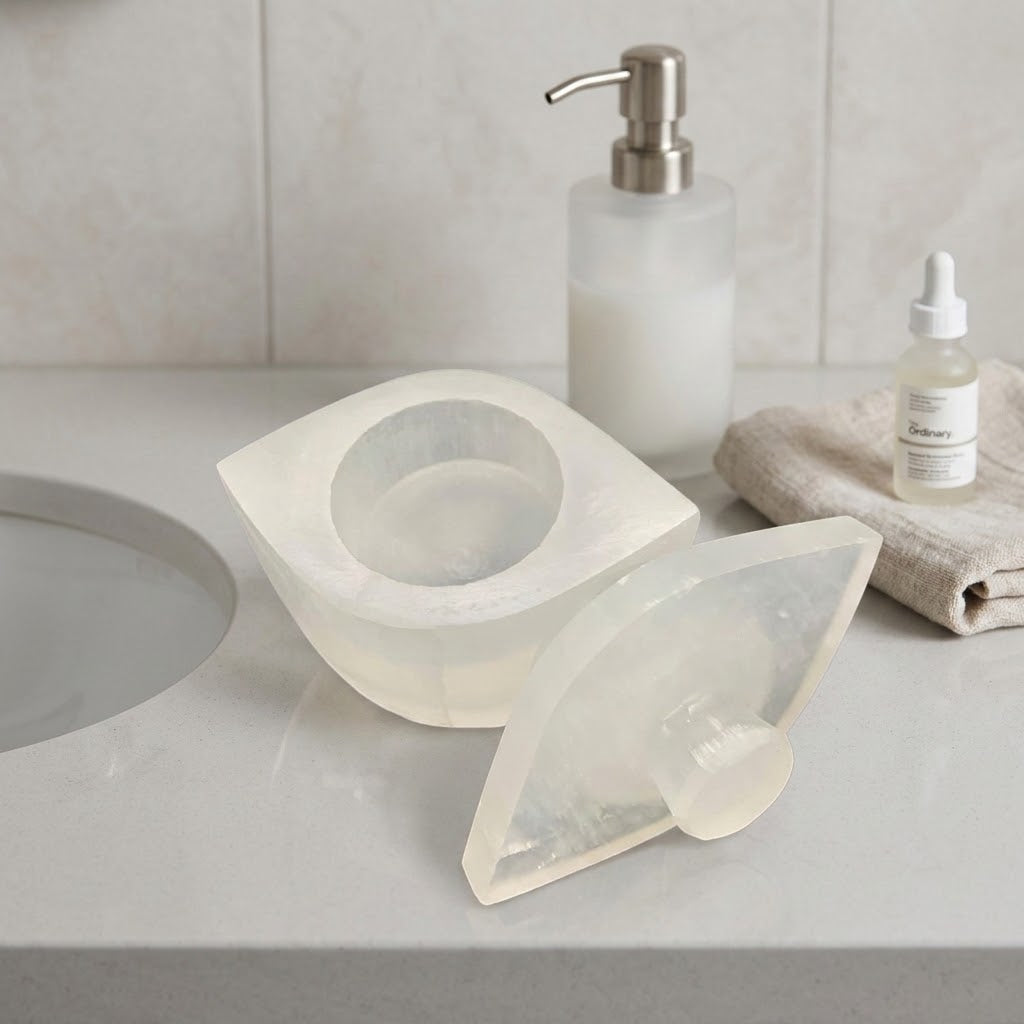 Boîte œil en sélénite naturelle sculptée à la main au Maroc — artisanat authentique, protection énergétique et chakra troisième œil | Pure Selenite