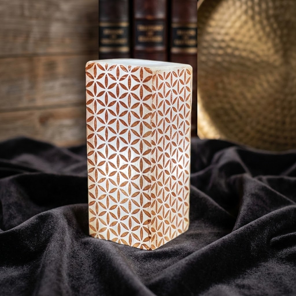 Détail gravure Fleur de Vie sur sélénite blanche — symbole sacré handmade, cristal naturel unique, artisanat marocain | Pure Selenite