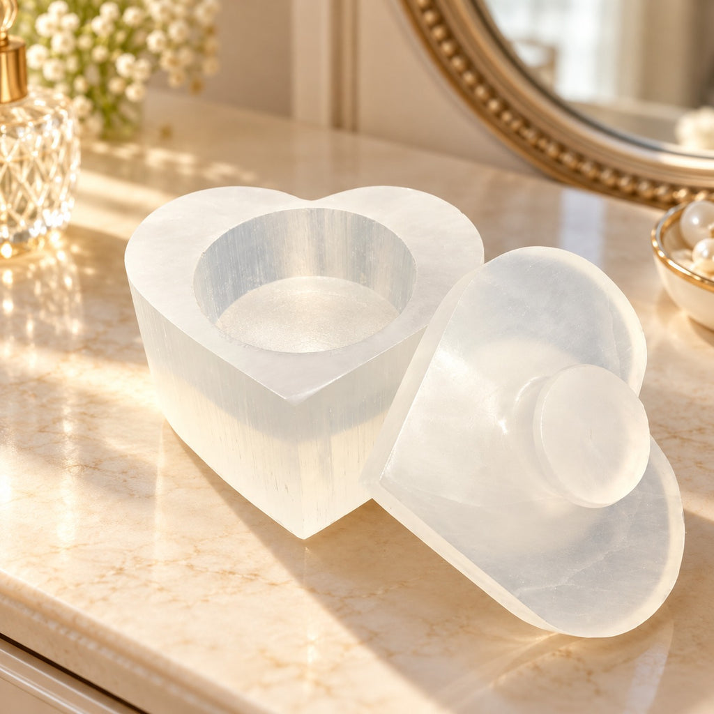 Boîte à bijoux cœur sélenite vue de dessus — forme cœur parfaite, pierre blanche nacrée translucide, handmade Maroc | Pure Selenite