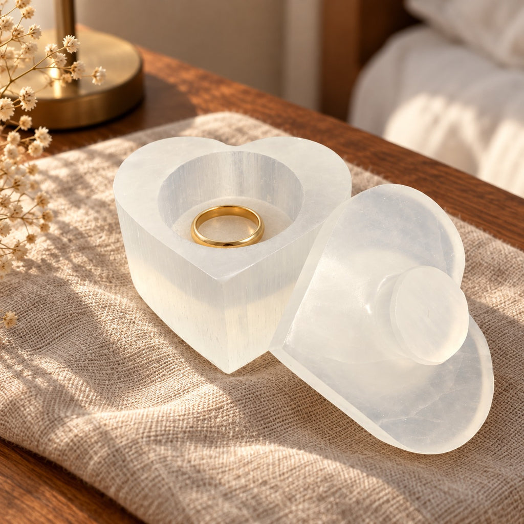 Boîte à bijoux cœur sélenite ouverte avec bague dorée — écrin purificateur artisanal, cadeau bijoux spirituel handmade Maroc | Pure Selenite