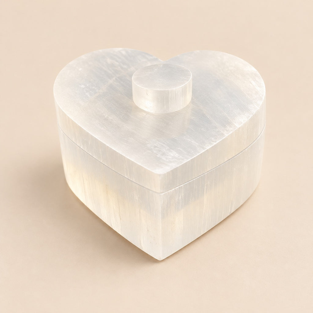 Boîte à bijoux cœur sélenite vue de dessus — forme cœur parfaite, pierre blanche nacrée translucide, handmade Maroc | Pure Selenite