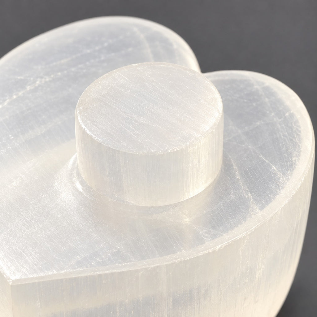Boîte à bijoux cœur sélénite vue de dessus — forme cœur parfaite, pierre blanche nacrée translucide, handmade Maroc | Pure Selenite
