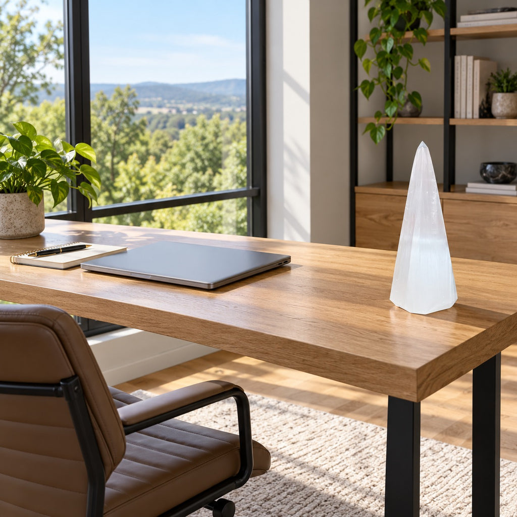 Pyramide sélenite sur bureau en bois avec vue nature — outil énergétique bureau, concentration et bien-être au travail | Pure Selenite