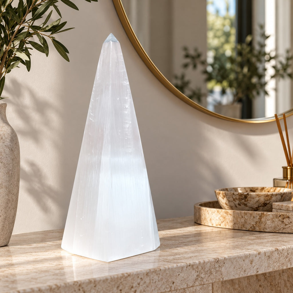 Pyramide sélenite pure sur fond lin — vue complète, pierre naturelle lumière douce, décoration spirituelle Reiki | Pure Selenite