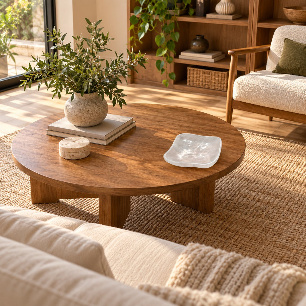 Bol carré sélenite naturelle sur table basse en bois — décoration intérieure zen & boho, chargeur cristaux handmade Maroc | Pure Selenite