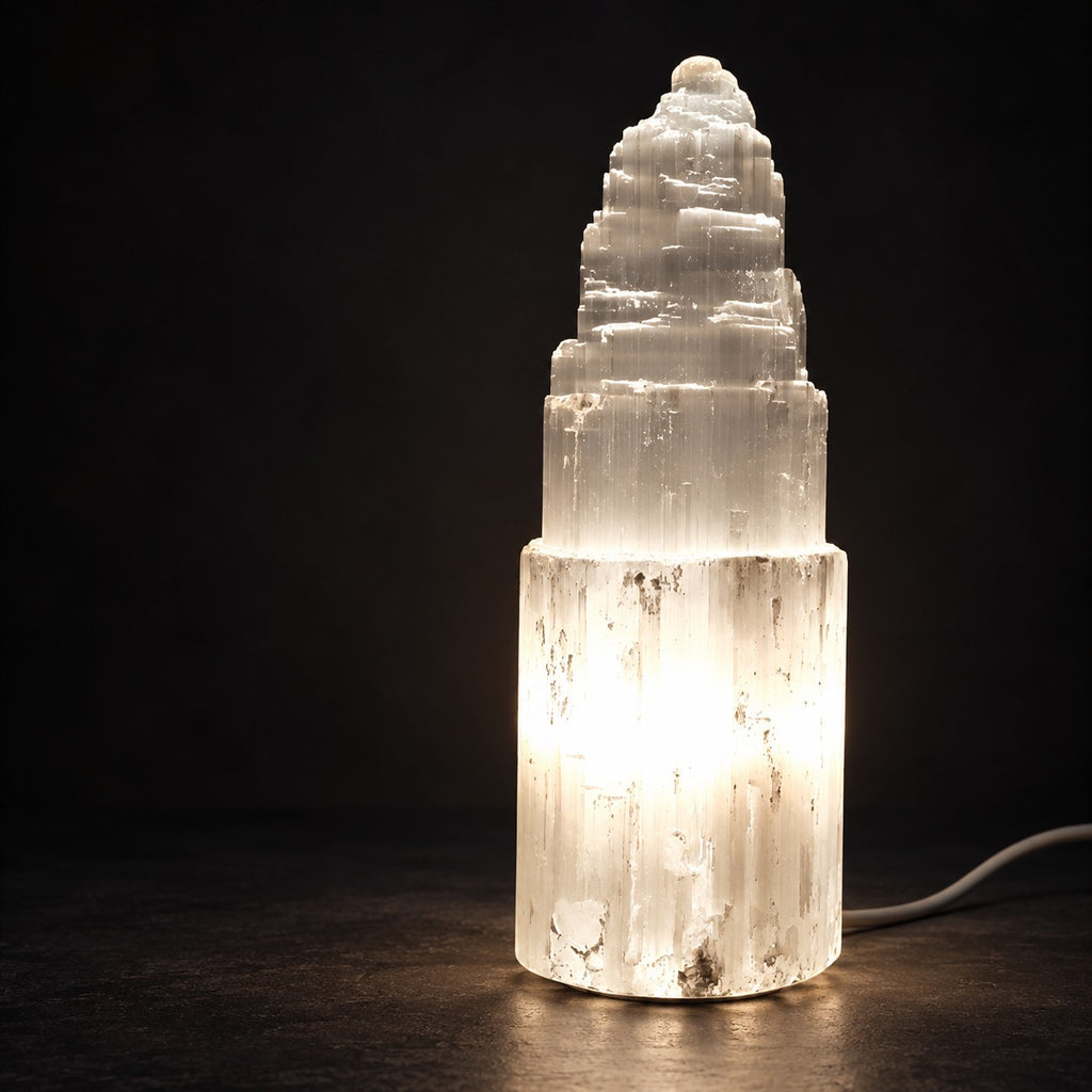 Lampe en sélénite à étages, éclairée de l’intérieur sur un fond noir.