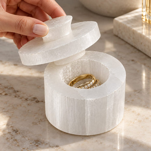 Main ouvrant une boîte en sélénite contenant des bagues dorées — écrin purificateur bijoux handmade, cristal naturel Maroc, luxe naturel | Pure Selenite