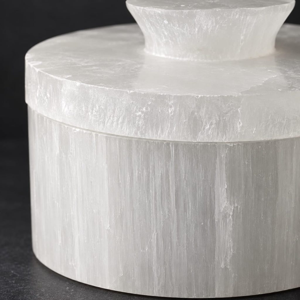 Gros plan stries naturelles de la boîte sélénite cylindrique — texture brute authentique, couvercle à bouton sculpté main, artisanat marocain | Pure Selenite