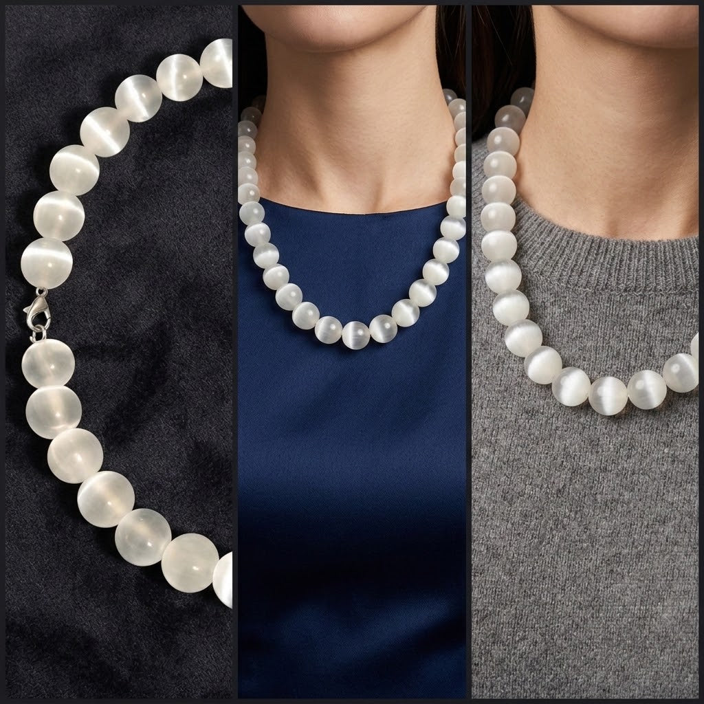 Collier en perles de sélénite naturelle  et Fermoir en acier inoxydable