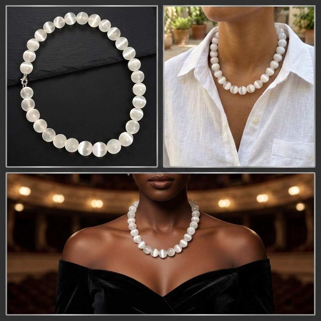 Collier en perles de sélénite naturelle  et Fermoir en acier inoxydable