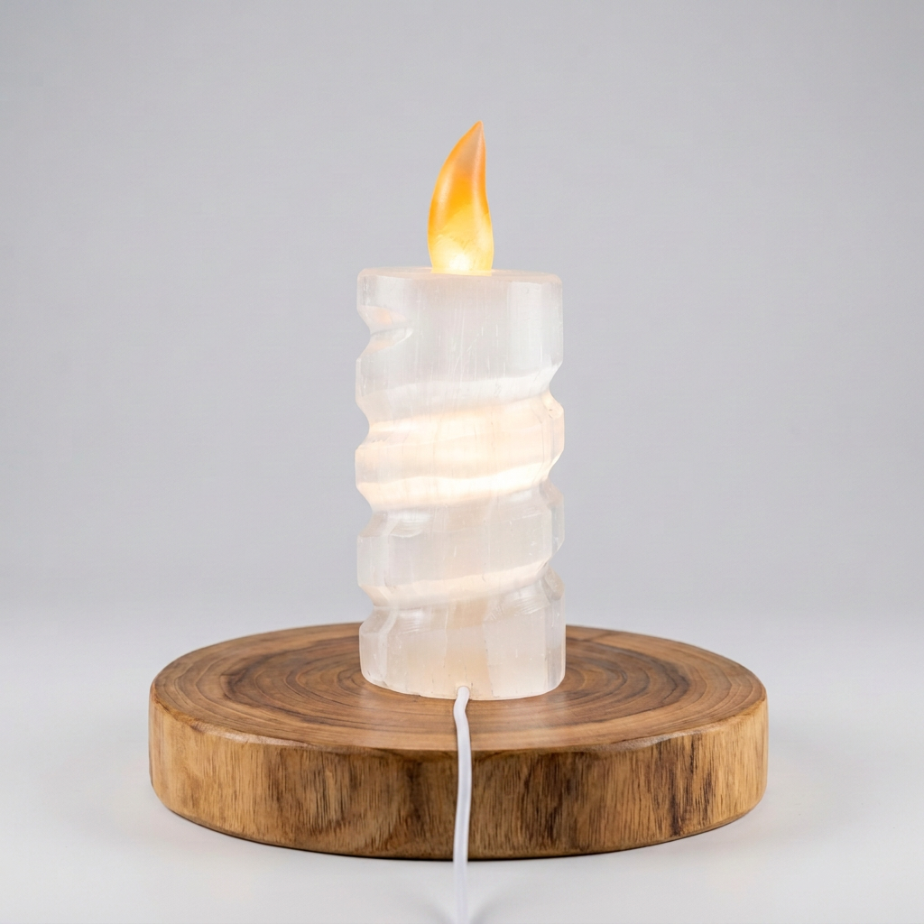 Lampe bougie en sélénite naturelle sculptée à la main au Maroc — veilleuse purifiante, chakra couronne, artisanat authentique | Pure Selenite