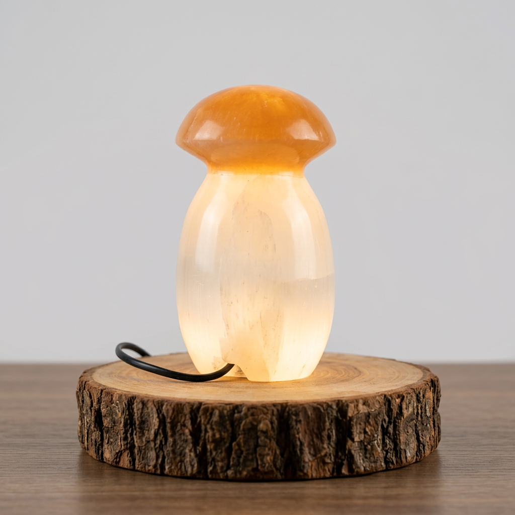 Lampe champignon en sélénite naturelle sculptée à la main au Maroc — veilleuse purifiante forme unique, artisanat authentique | Pure Selenite