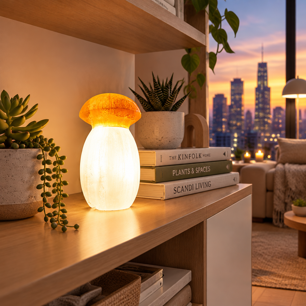 Lampe champignon sélénite illuminée lumière douce apaisante — outil spirituel Reiki et lithothérapie, handmade Maroc | Pure Selenite