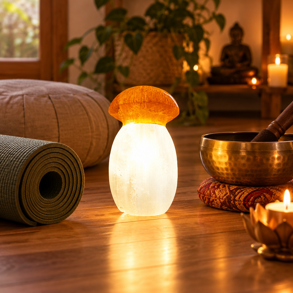 Lampe champignon sélenite décor studio yoga tapis coussin méditation