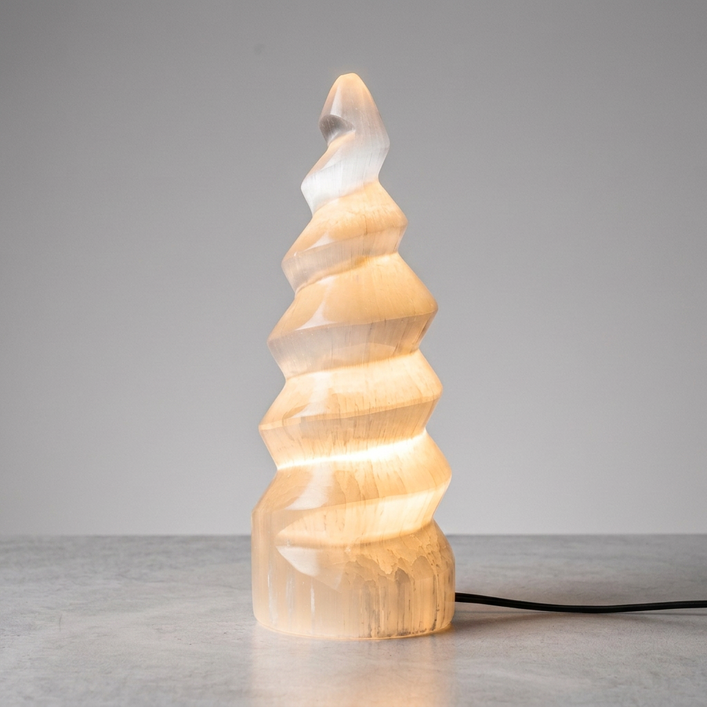 Lampe spirale en sélénite naturelle sculptée à la main au Maroc — géométrie sacrée, pierre purifiante, artisanat authentique | Pure Selenite