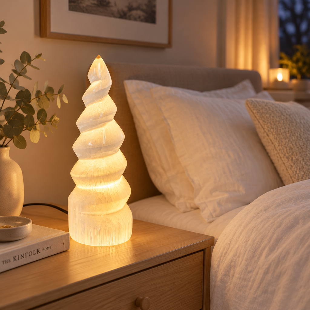 Lampe spirale sélénite illuminée lumière douce enveloppante — chakra couronne, Reiki et lithothérapie, handmade Maroc | Pure Selenite
