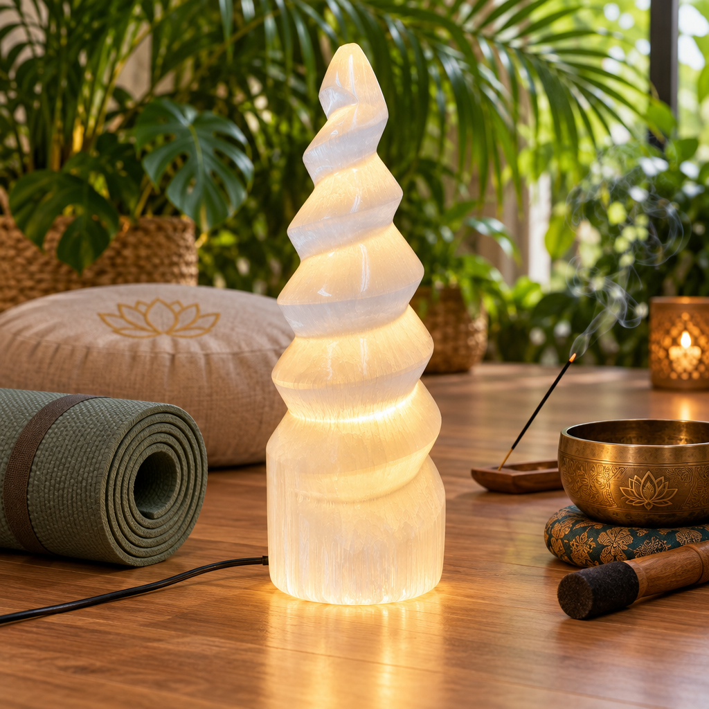Lampe spirale sélénite illuminée lumière douce enveloppante — chakra couronne, Reiki et lithothérapie, handmade Maroc | Pure Selenite