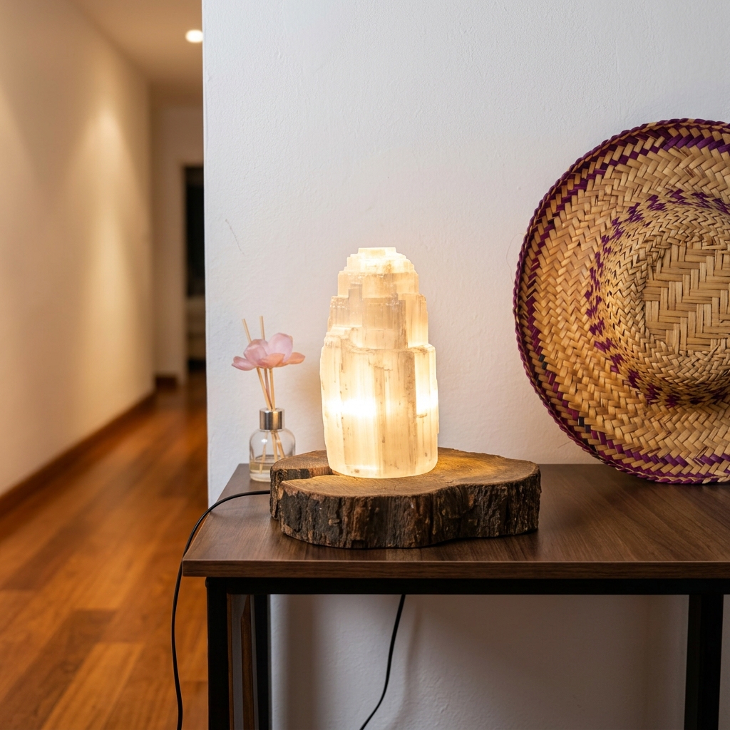 Lampe tour sélénite illuminée lumière douce colonne de lumière — outil spirituel Reiki et lithothérapie, handmade Maroc | Pure Selenite