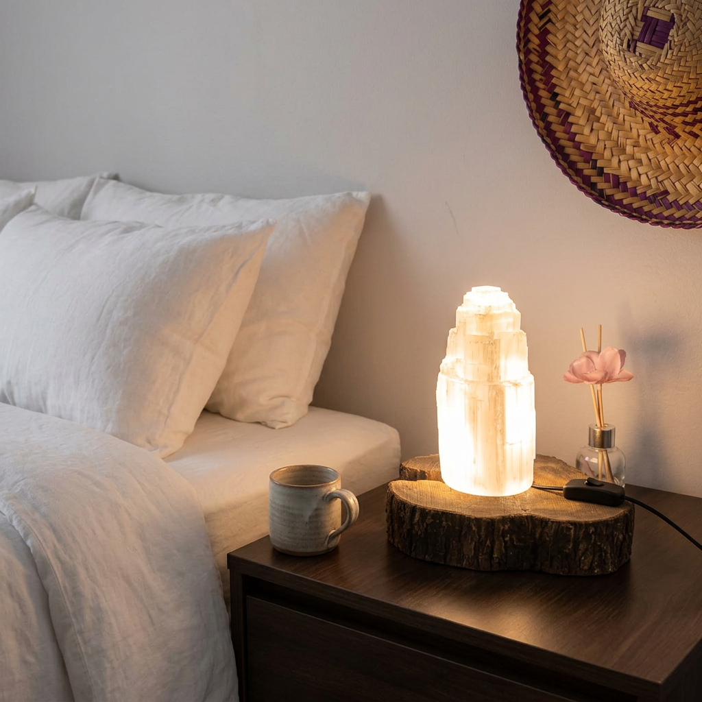 Lampe tour en sélénite naturelle sculptée à la main au Maroc — colonne lumineuse purifiante, chakra couronne, artisanat authentique | Pure Selenite