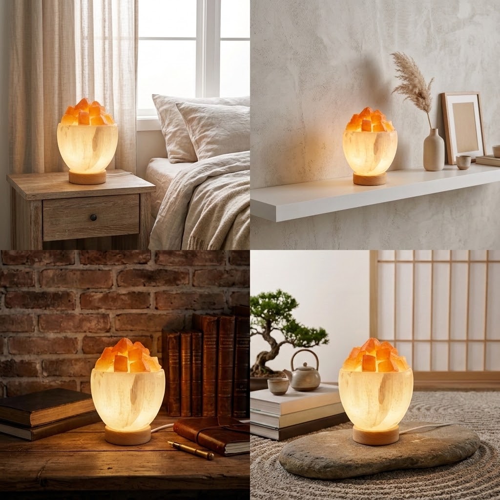 Lampe brasero sélénite illuminée — lueur chaleureuse ambrée, outil spirituel Reiki et lithothérapie, handmade Maroc | Pure Selenite