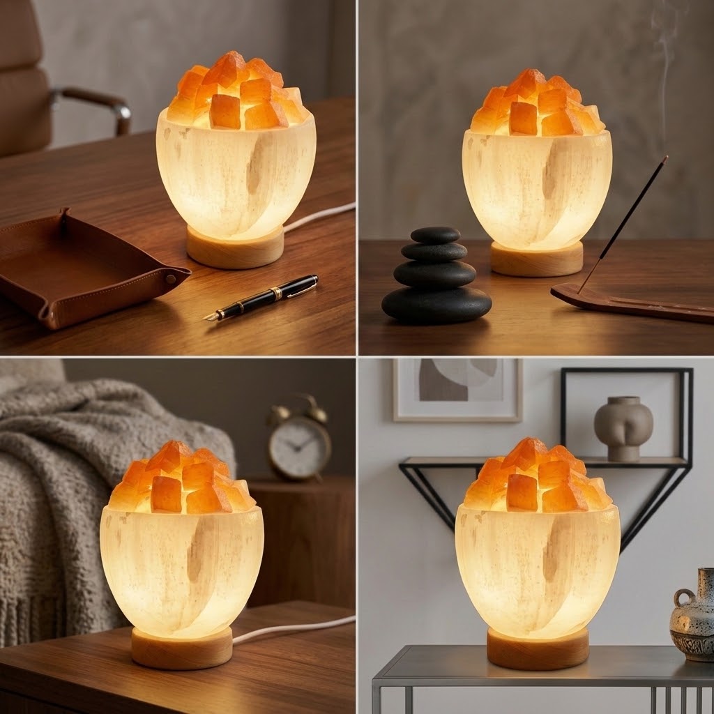 Lampe brasero sélénite illuminée — lueur chaleureuse ambrée, outil spirituel Reiki et lithothérapie, handmade Maroc | Pure Selenite