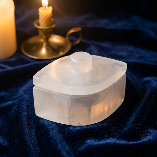 Boîte œil en sélénite naturelle sculptée à la main au Maroc — artisanat authentique, protection énergétique et chakra troisième œil | Pure Selenite