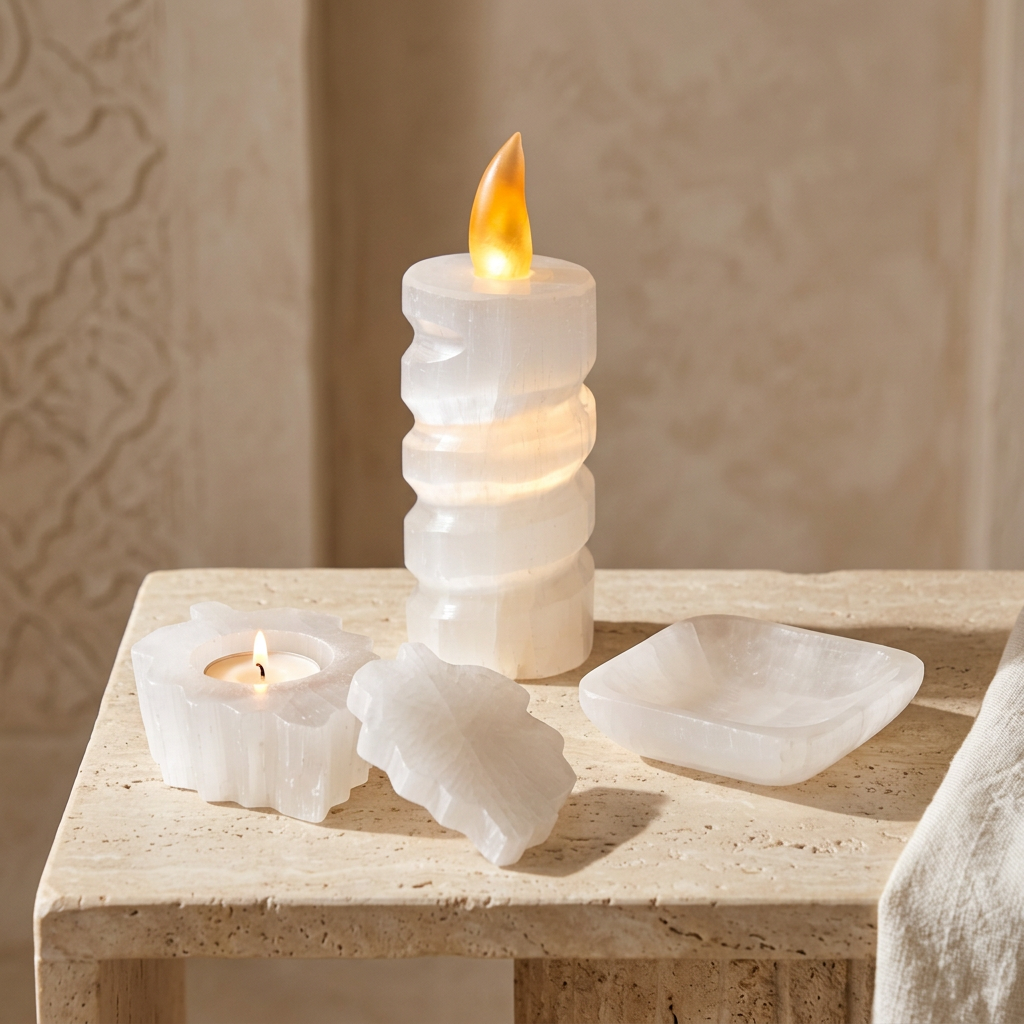Coffret Lumière Sacrée en sélénite : lampe bougie allumée, bougeoir avec son couvercle et bol carré sur une table en pierre claire.