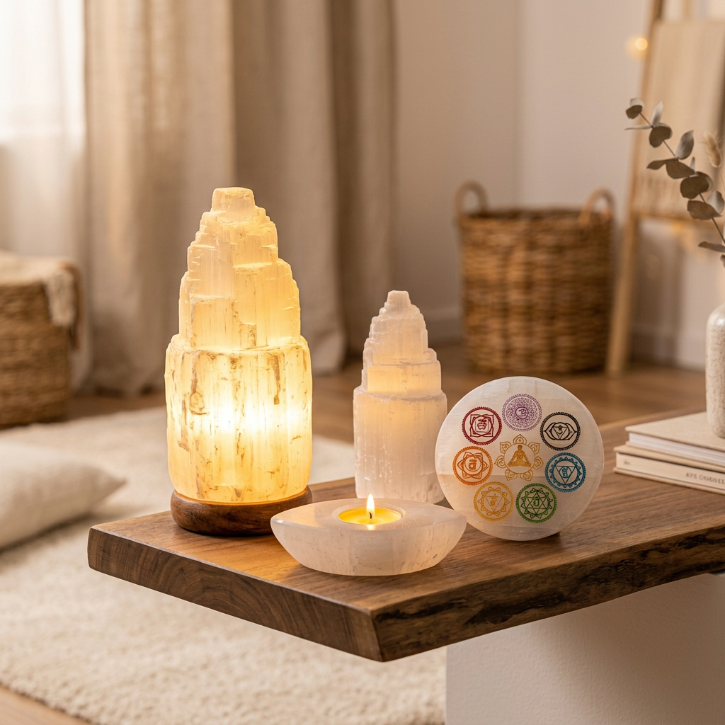 Coffret Éveil Spirituel en sélénite : lampe allumée, tour, bougeoir et disque aux symboles des sept chakras.