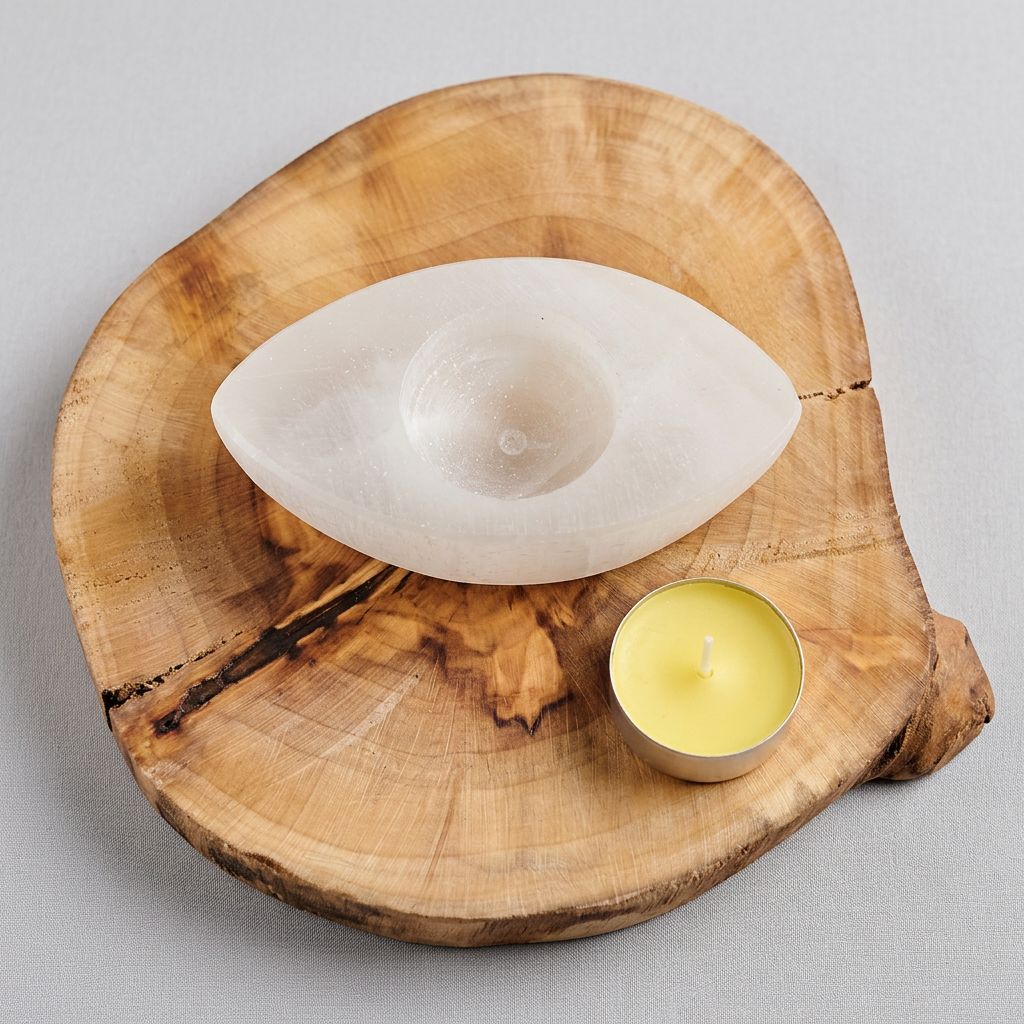 Bougeoir œil en sélénite naturelle sculpté à la main au Maroc — protection énergétique, chakra troisième œil, artisanat authentique | Pure Selenite