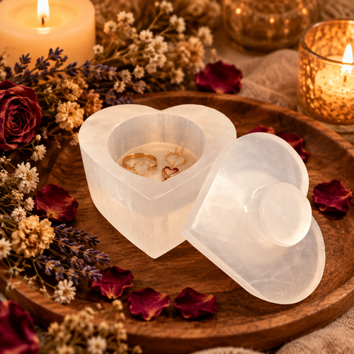 Détail boîte cœur sélénite naturelle — symbole amour inconditionnel, Reiki et lithothérapie, artisanat marocain fait main | Pure Selenite