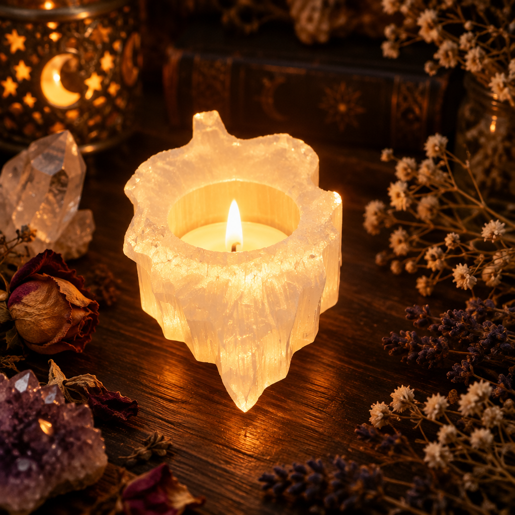 Bougeoir grappe sélénite illuminé par bougie chauffe-plat — lueur apaisante, Reiki et lithothérapie, handmade Maroc | Pure Selenite