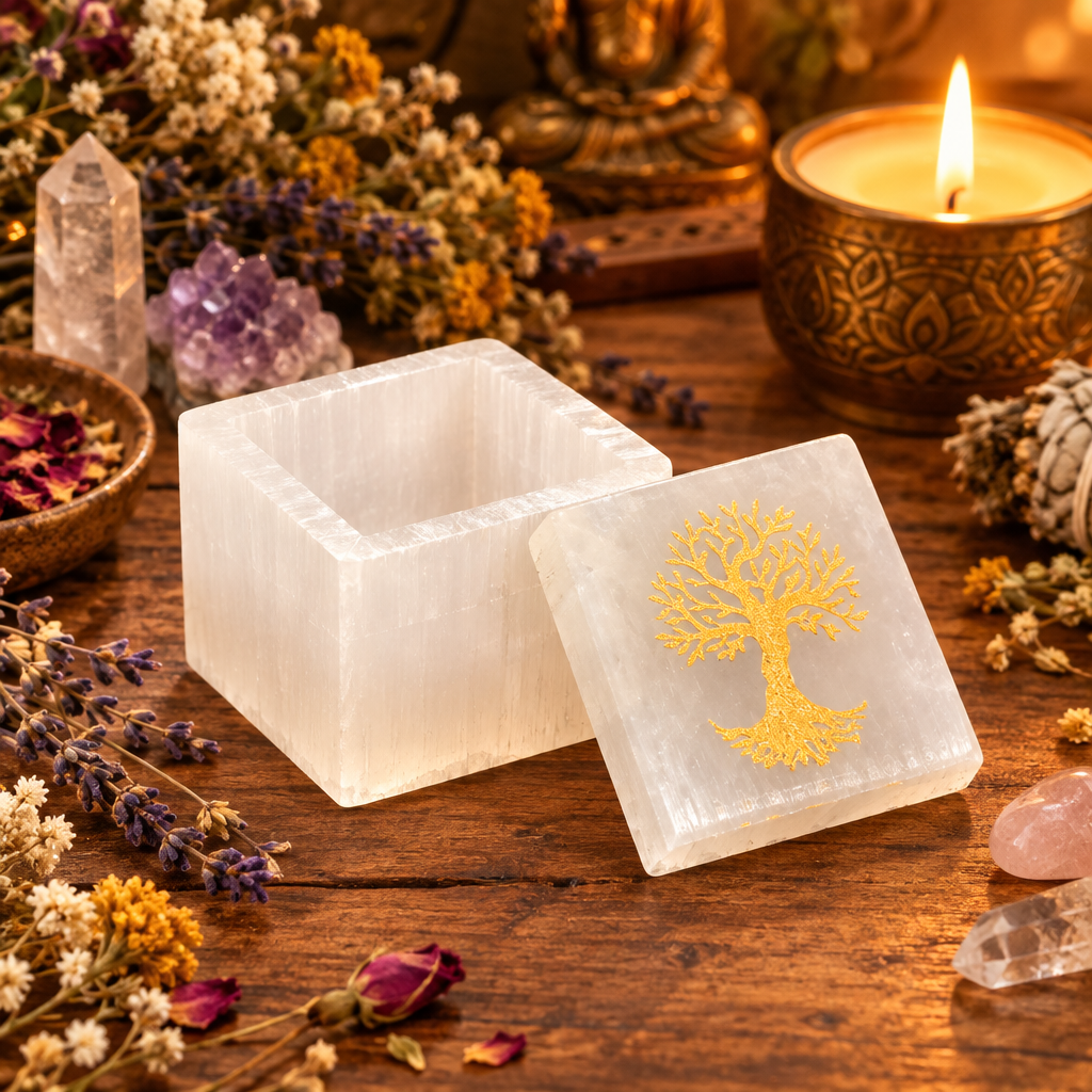 Boîte sélénite cube ouverte arbre de vie doré — intérieur purificateur pour bijoux, handmade Maroc, pièce unique | Pure Selenite