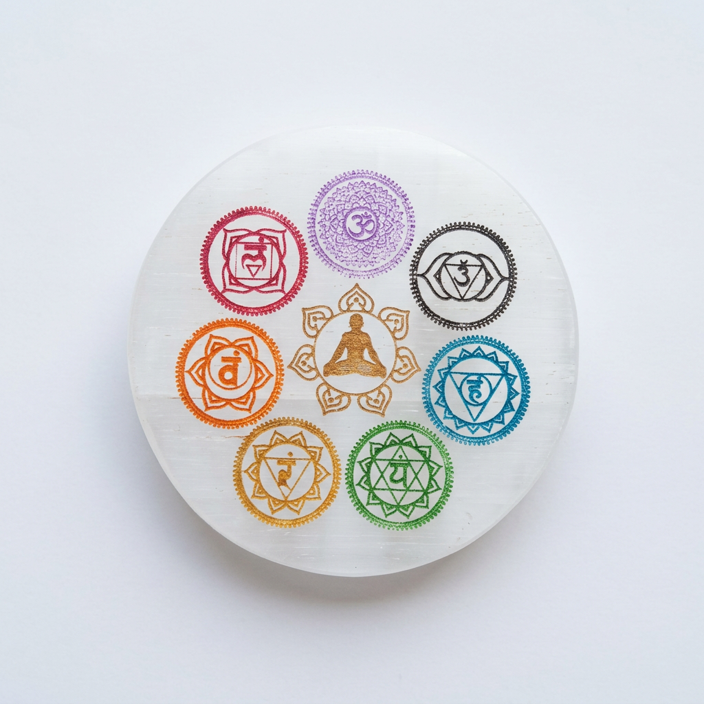 Détail des 7 symboles chakras gravés sur disque sélénite blanche — lithothérapie, Reiki, handmade Maroc | Pure Selenite