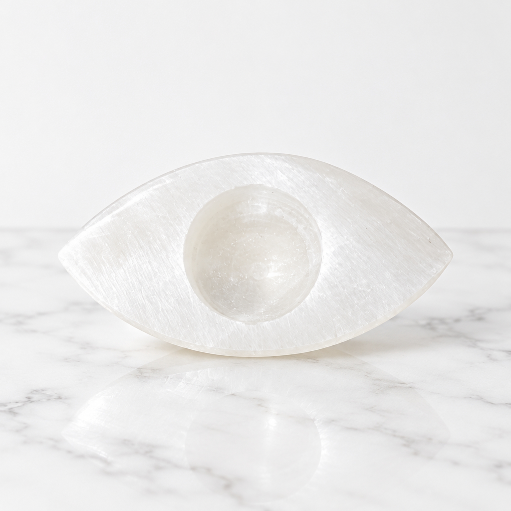 Bougeoir œil sélénite illuminé par bougie chauffe-plat — lueur mystique envoûtante, Reiki et lithothérapie, handmade Maroc | Pure Selenite