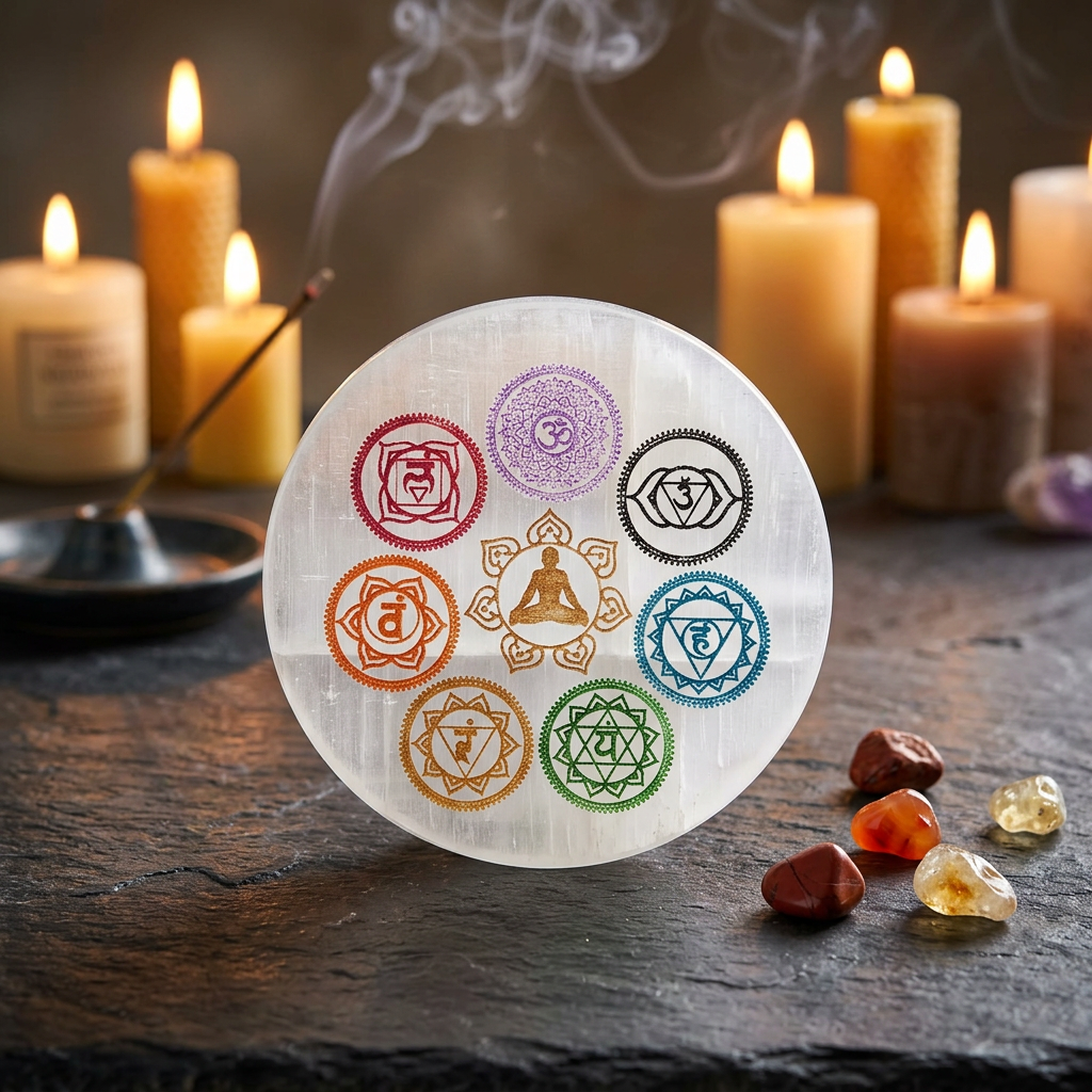 Disque sélénite naturelle pur profil — cristal translucide unique, méditation chakra et géométrie sacrée, artisanat marocain | Pure Selenite