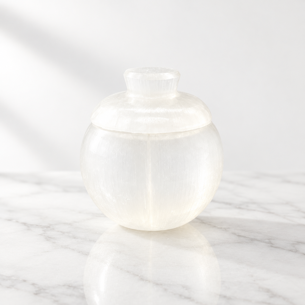 Pot boule en sélénite naturelle sculpté à la main au Maroc — écrin sacré bijoux et cristaux, artisanat authentique | Pure Selenite